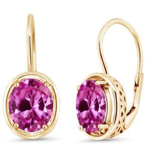 18K Yellow Gold 925 with 4.80 Cttw Pink Sapphire Oval Leverback Drop Earrings
